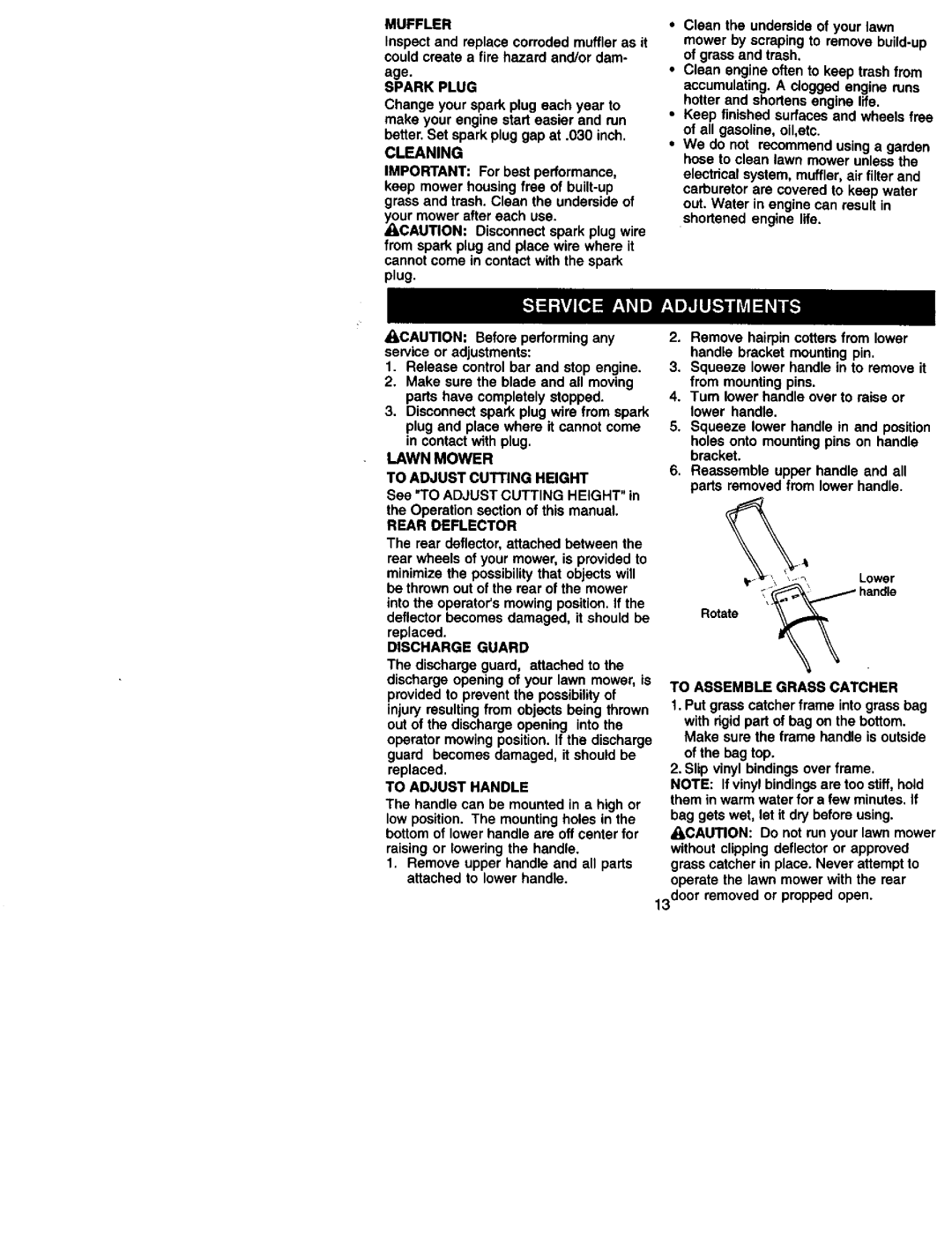 Craftsman 917.3875 owner manual Muffler, Cleaning, Lawn Mower To Adjust Cutting Height, Rear Deflector, Discharge Guard 