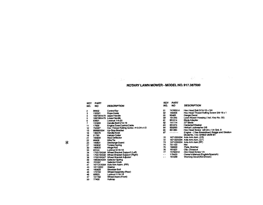 Craftsman 917.3875 owner manual Rotary Lawn Mower Model no, KEY Part NO. no Description 