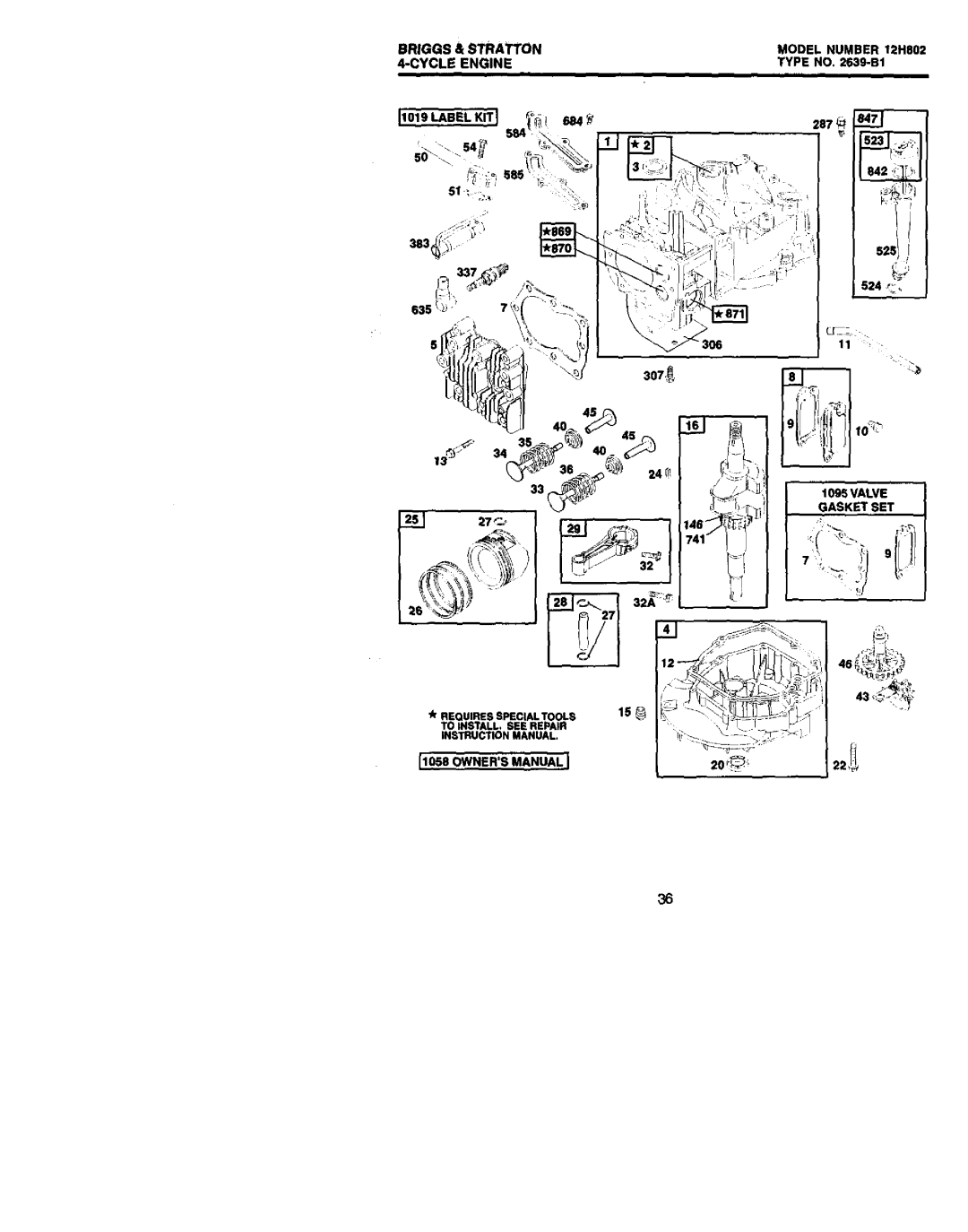 Craftsman 917.3875 owner manual Briggs Stratton Model Number 12H802 Cycle Engine, Type no -B1, 1095VALVE Gasket SET 