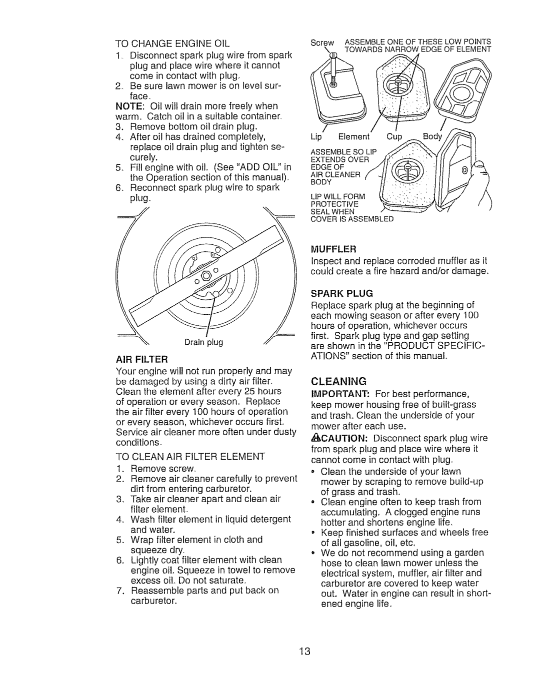 Craftsman 917.388191 manual To Clean AIR Filter Element, Muffler, Spark Plug, Cleaning 