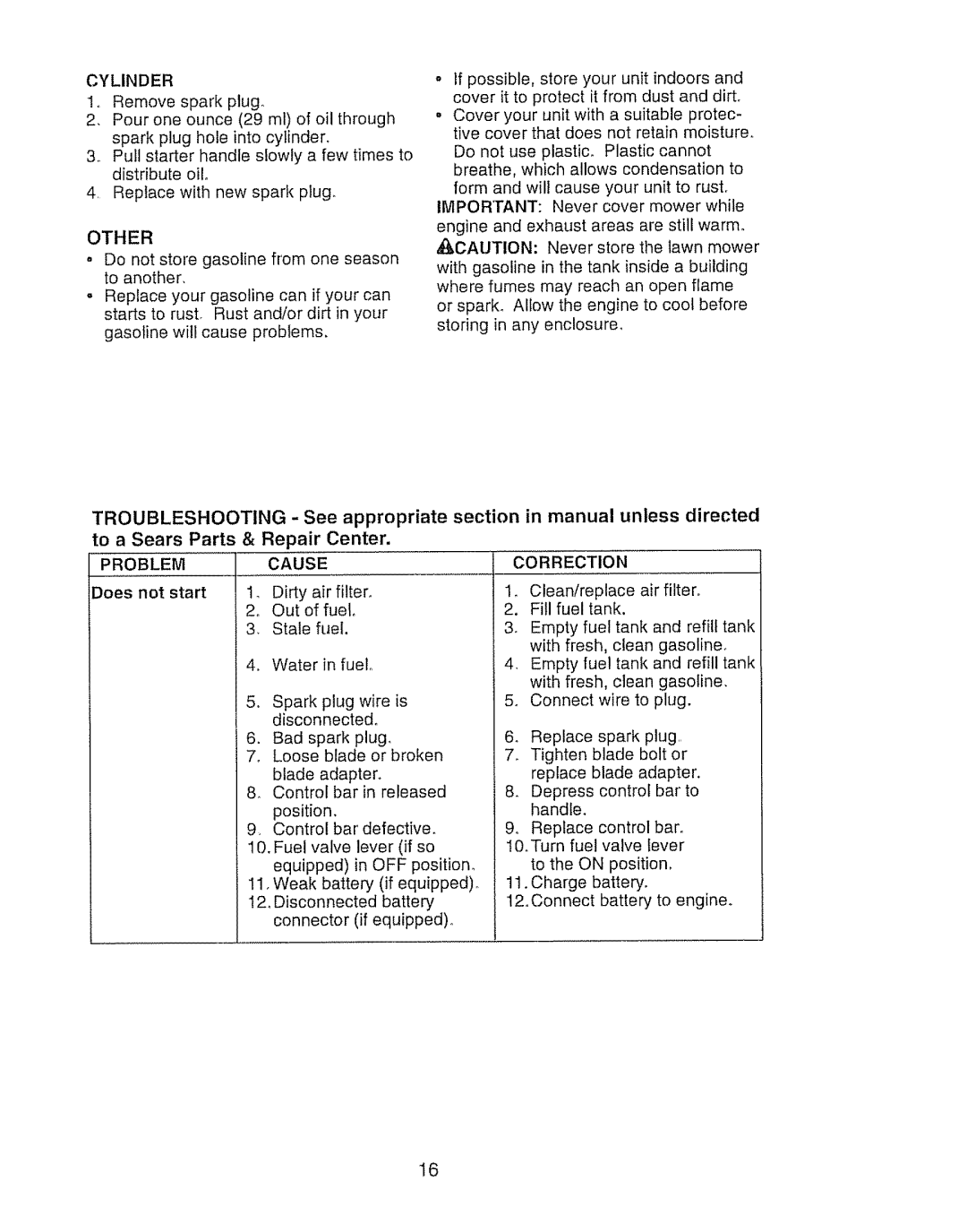 Craftsman 917.388191 manual Cylinder, Other, Problemcause, Correction 