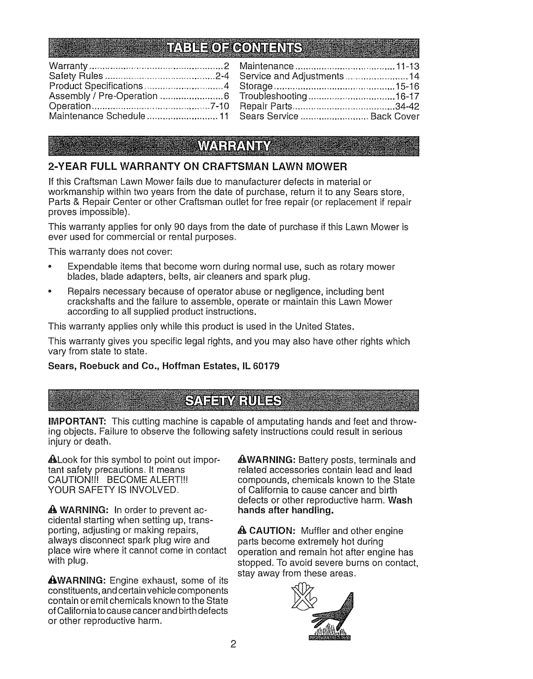 Craftsman 917.388191 manual Yearfull Warranty on Craftsman Lawn Mower, Sears, Roebuck and Co., Hoffman Estates, IL 