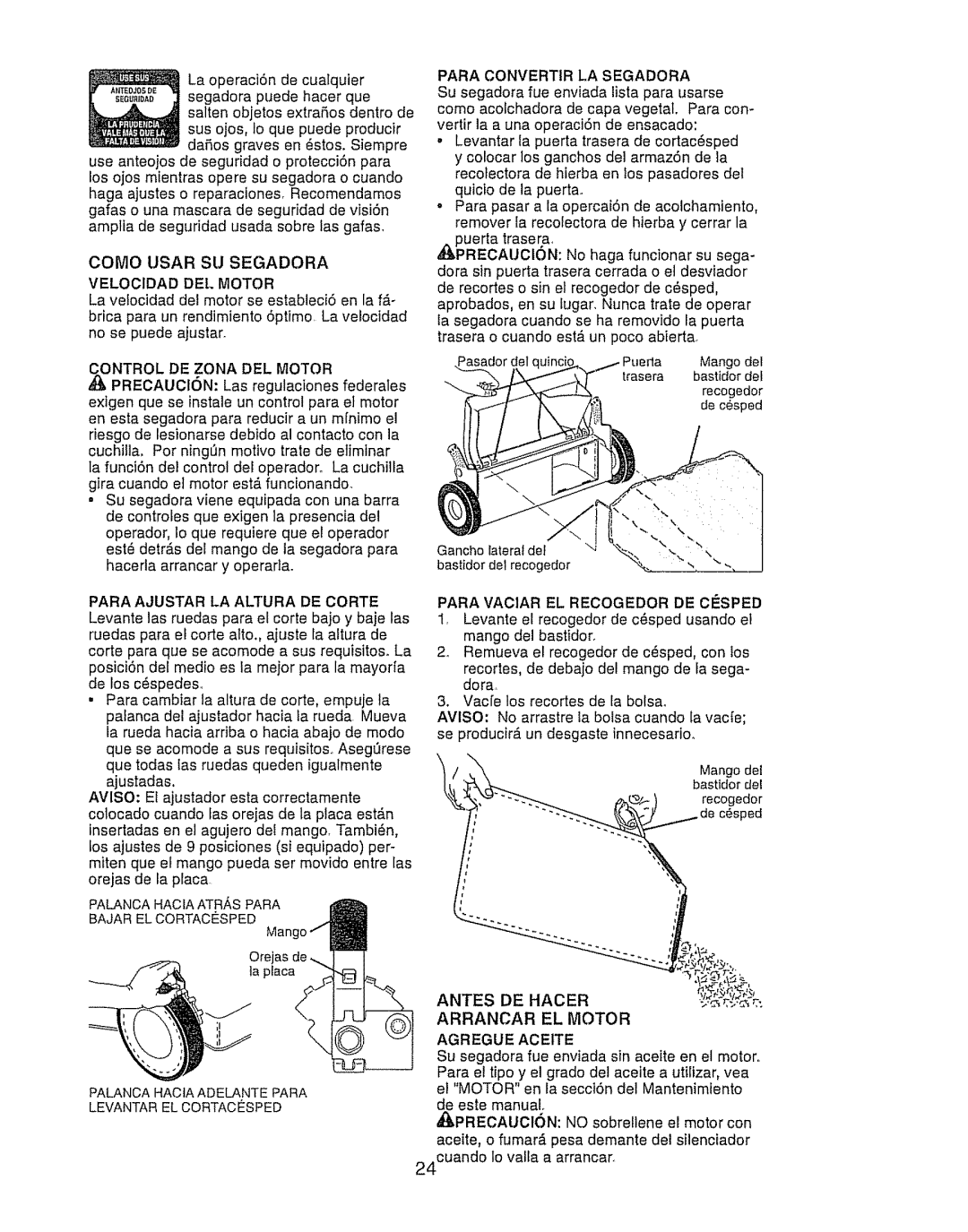 Craftsman 917.388191 Como Usar SU Segadora Velocidad DE. Motor, Control DE Zona DEL Motor, Para Ajustar LA Altura DE Corte 