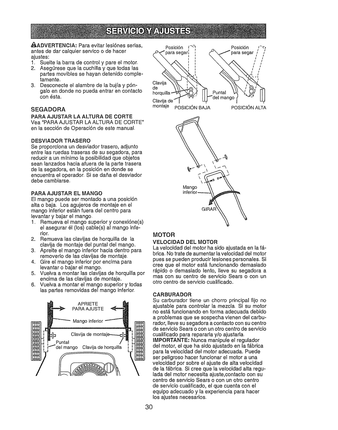 Craftsman 917.388191 manual Para Ajustar EL Mango, Carburador 