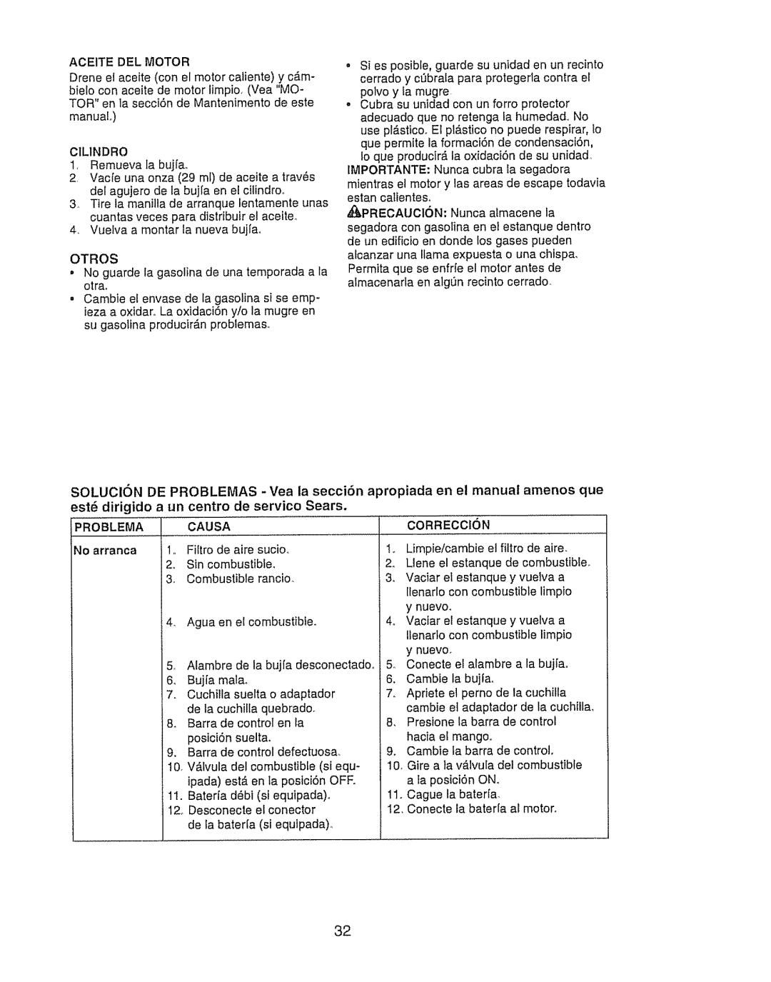 Craftsman 917.388191 manual Aceite DEL Motor, Otros, Problema 