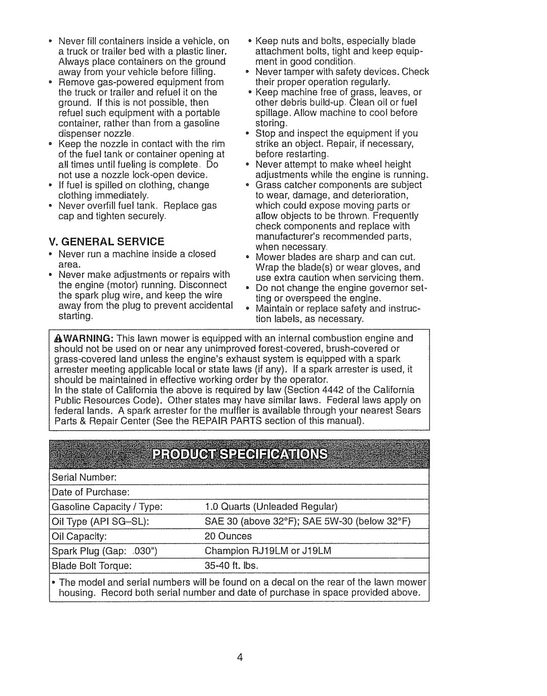 Craftsman 917.388191 manual General Service, Api Sg-Sl Sae, RJ19LM 