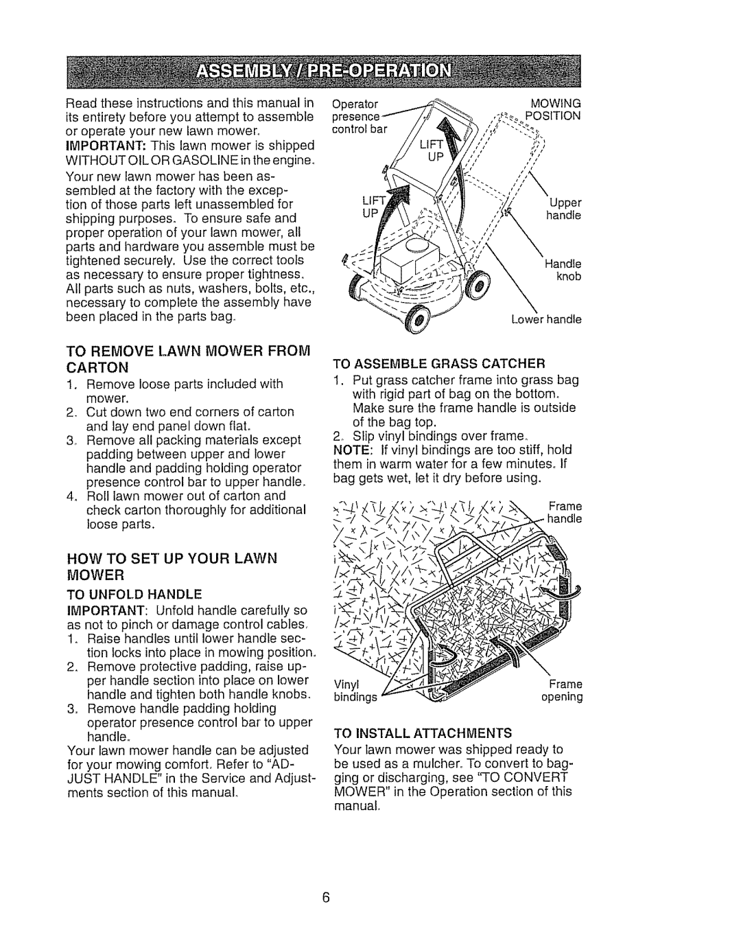 Craftsman 917.388191 manual To Remove Lawn Mower from Carton, Mowing, Position, To Assemble Grass Catcher, To Unfold Handle 