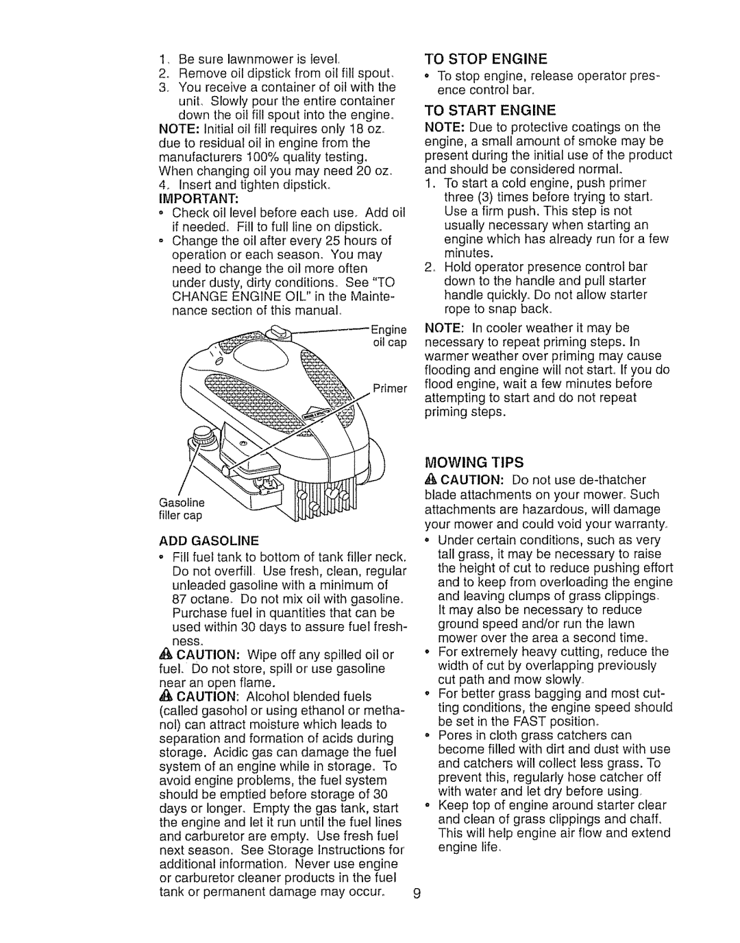 Craftsman 917.388191 manual ADD Gasoline, To Stop Engine, To Start Engine, Mowing Tips 