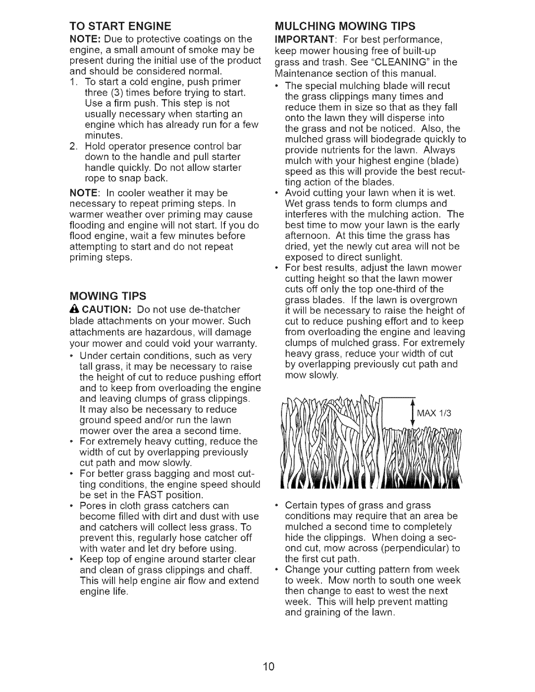 Craftsman 917.3882 owner manual To Start Engine, Mulching Mowing Tips 