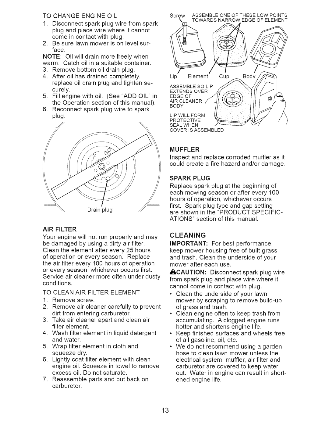 Craftsman 917.3882 owner manual To Clean AIR Filter Element, Muffler, Spark Plug, Cleaning 