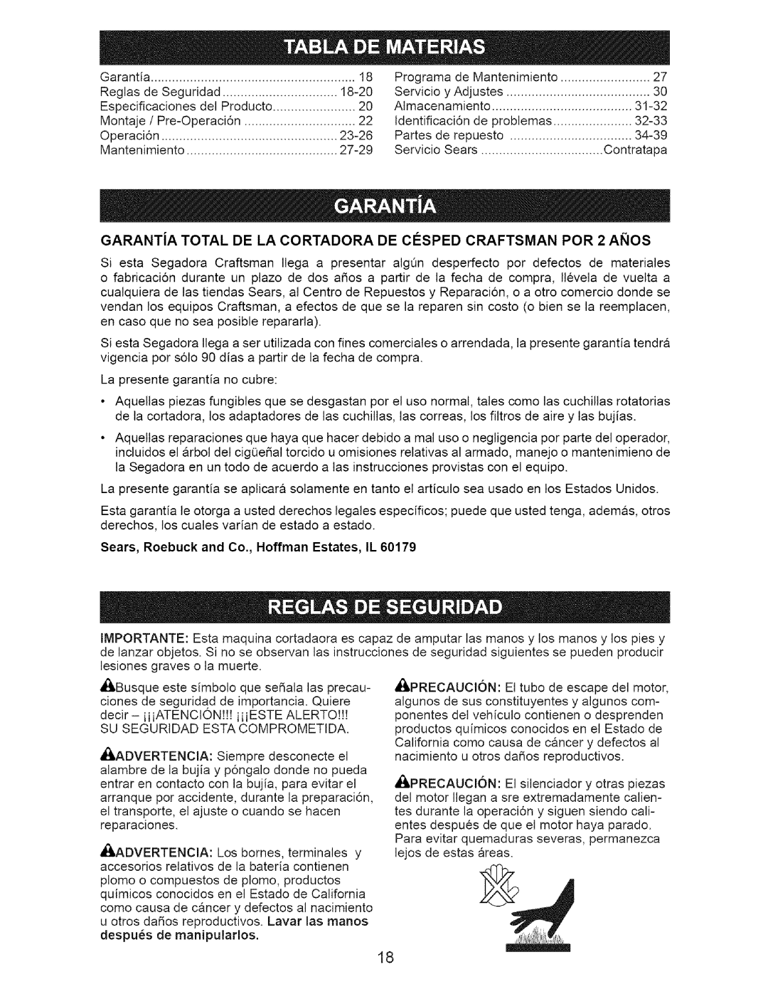 Craftsman 917.3882 owner manual Garantia Reglas de Seguridad 