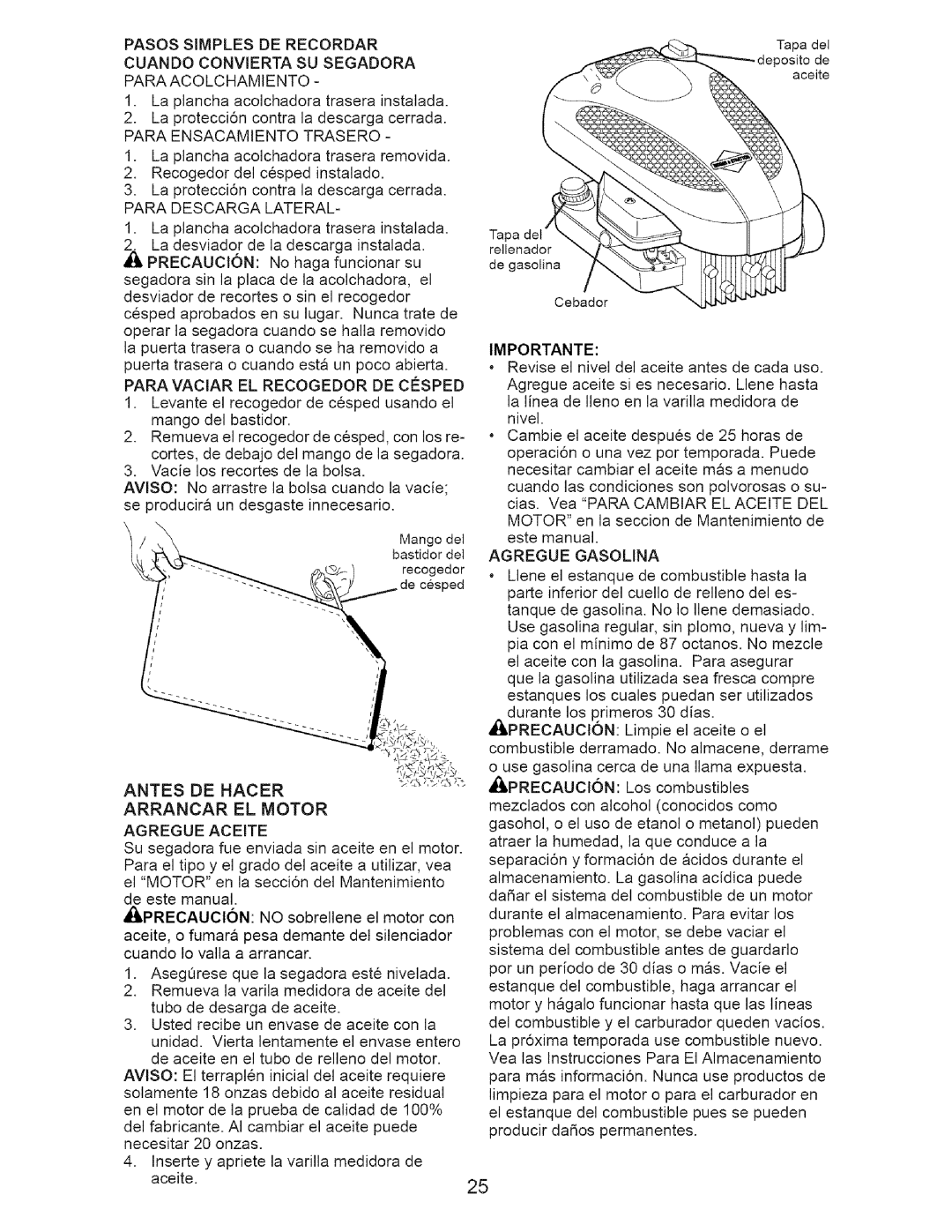 Craftsman 917.3882 Pasos Simples DE Recordar Cuando Convierta SU Segadora, Para Ensacamiento Trasero, Importante 