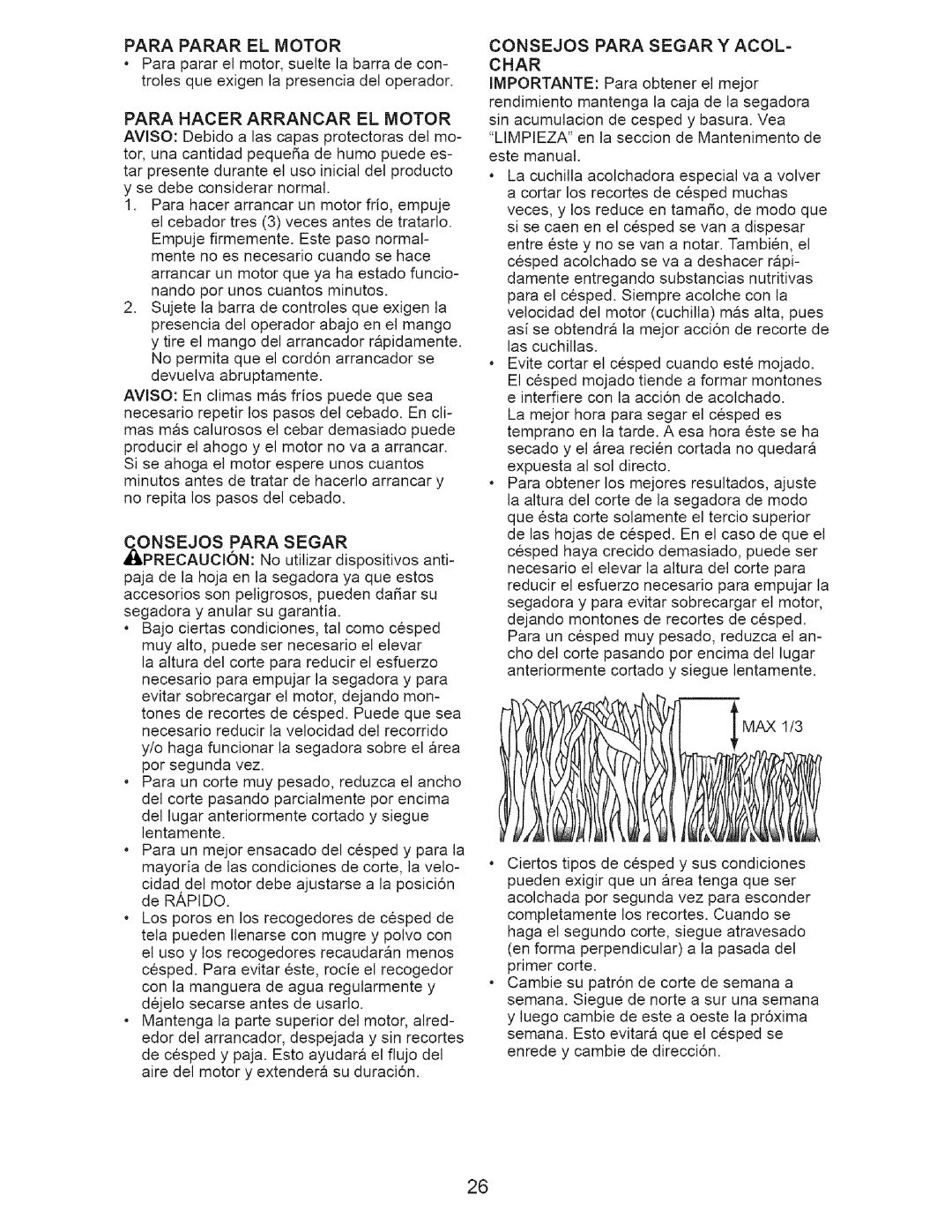 Craftsman 917.3882 owner manual Para Hacer Arrancar EL Motor, Consejos Para Segar Y ACOL- Char 