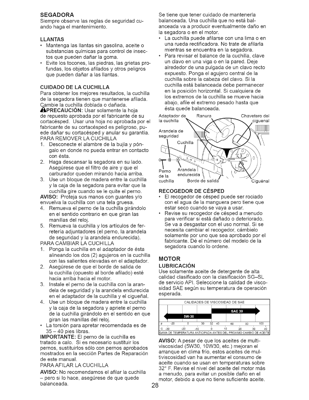 Craftsman 917.3882 owner manual Segadora, Llantas, Cuidado DE LA Cuchilla, Recogedor DE Cosped, Motor Lubricacion 