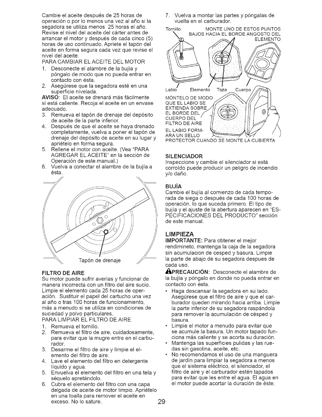 Craftsman 917.3882 owner manual Labio Elemento Taza CueT, Filtro DE Aire 