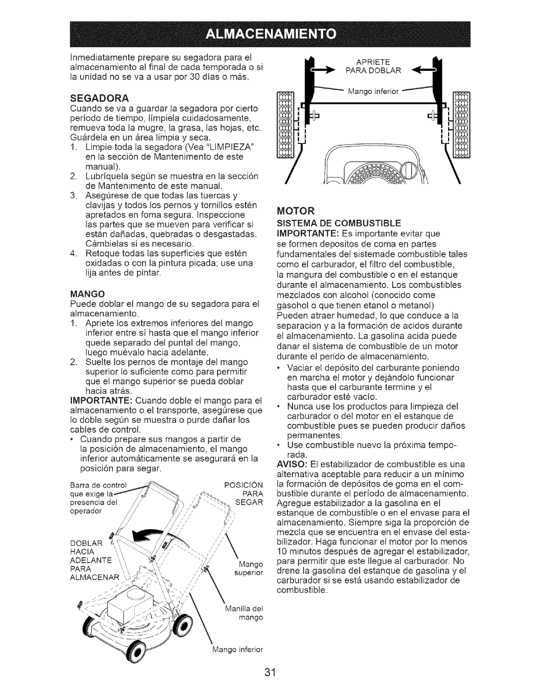 Craftsman 917.3882 owner manual Mango, Hacia, Motor Sistema DE Combustible 