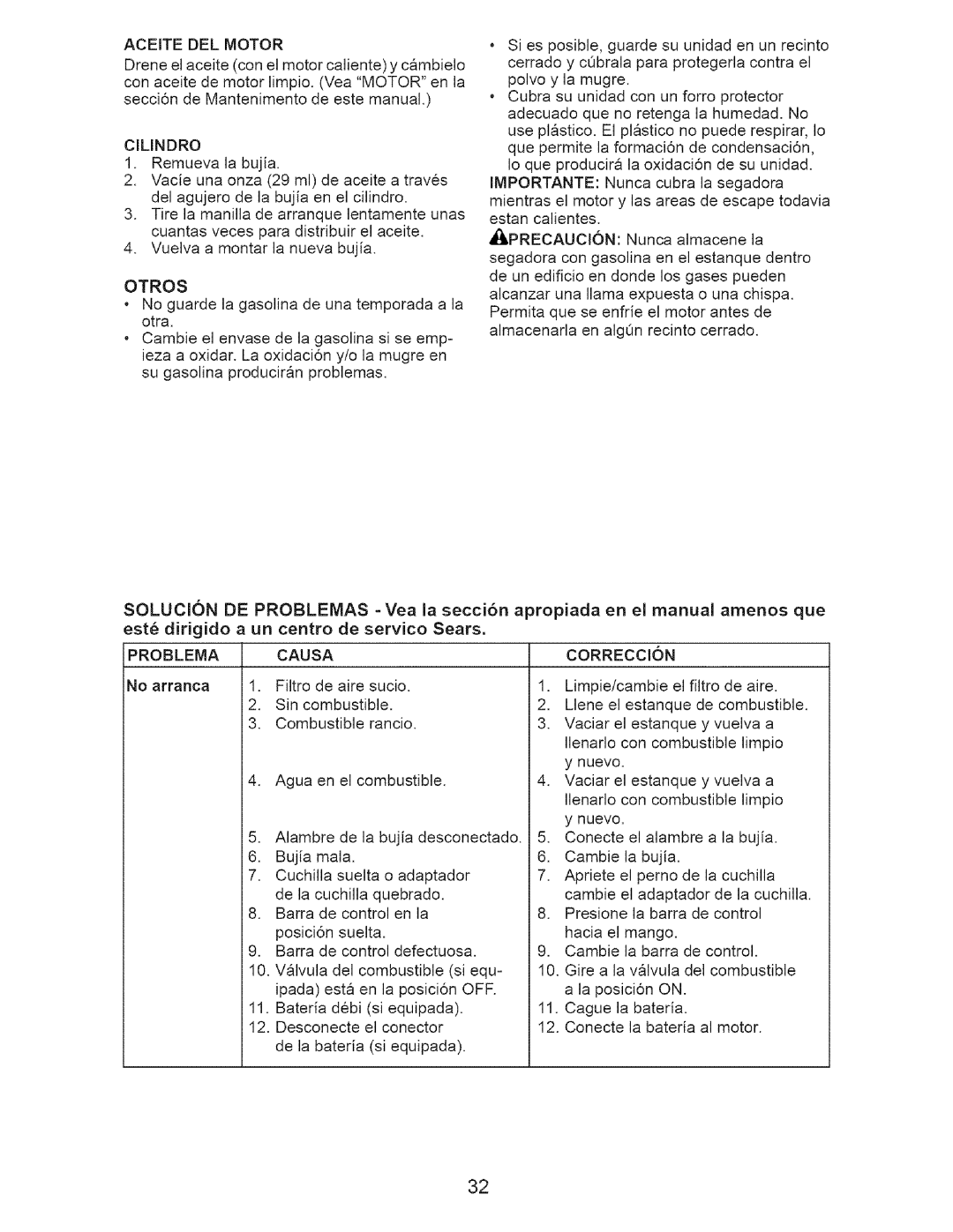 Craftsman 917.3882 owner manual Aceite DEL Motor, Otros, Solucion DE Problemas, Causa Correccion 