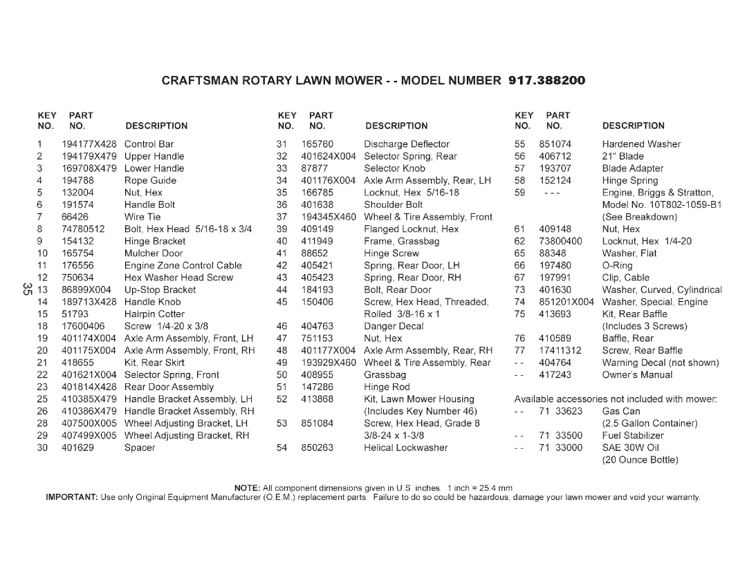 Craftsman 917.3882 owner manual KEY Part NO. no, Key, KEY Part Description, SAE 30W 