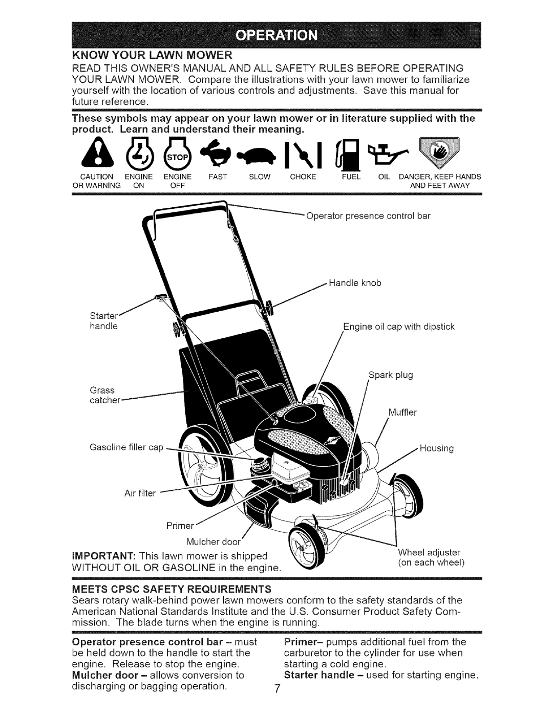 Craftsman 917.3882 owner manual Know Your Lawn Mower, Meets Cpsc Safety Requirements 