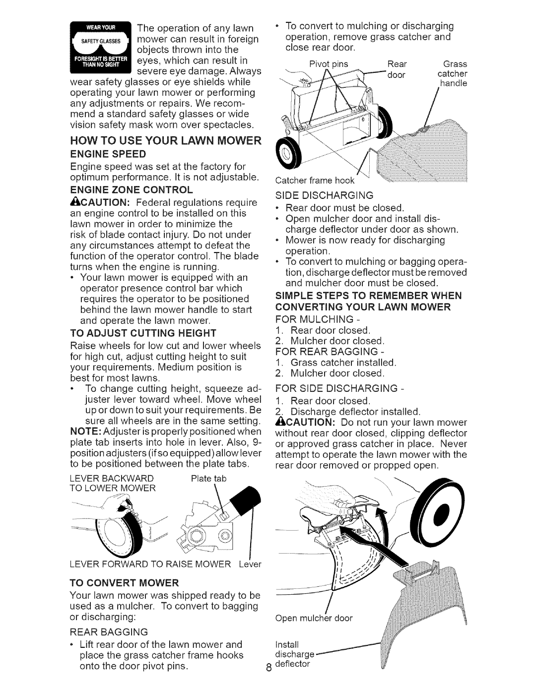 Craftsman 917.3882 owner manual To Adjust Cutting Height, Converting Your Lawn Mower 