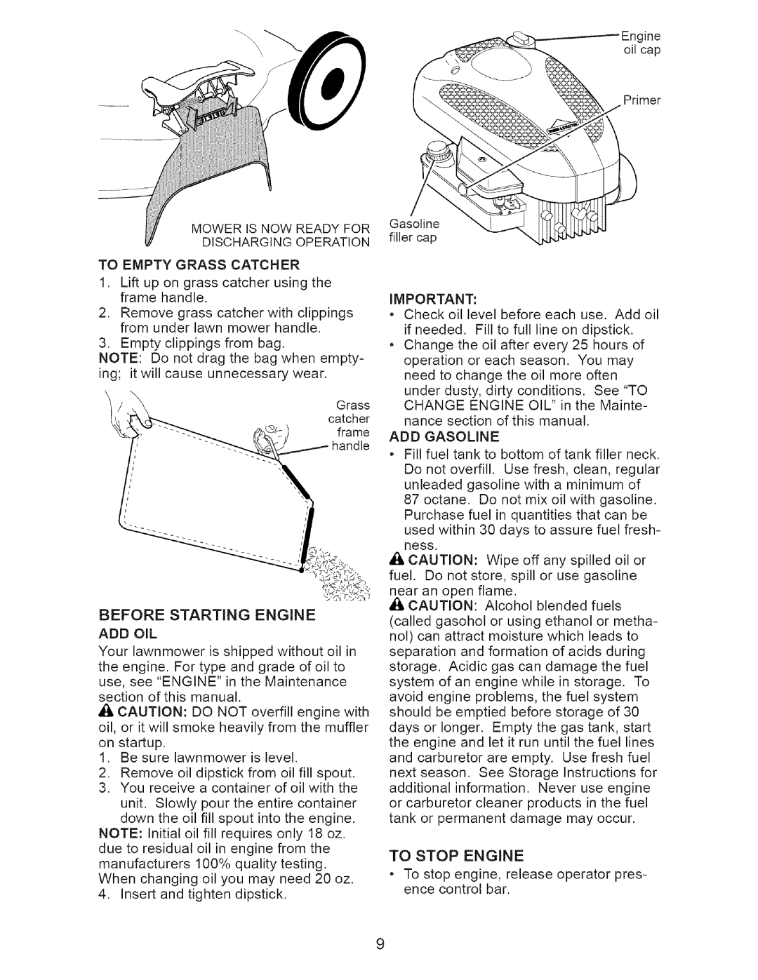 Craftsman 917.3882 owner manual To Empty Grass Catcher, Add Oil, ADD Gasoline 