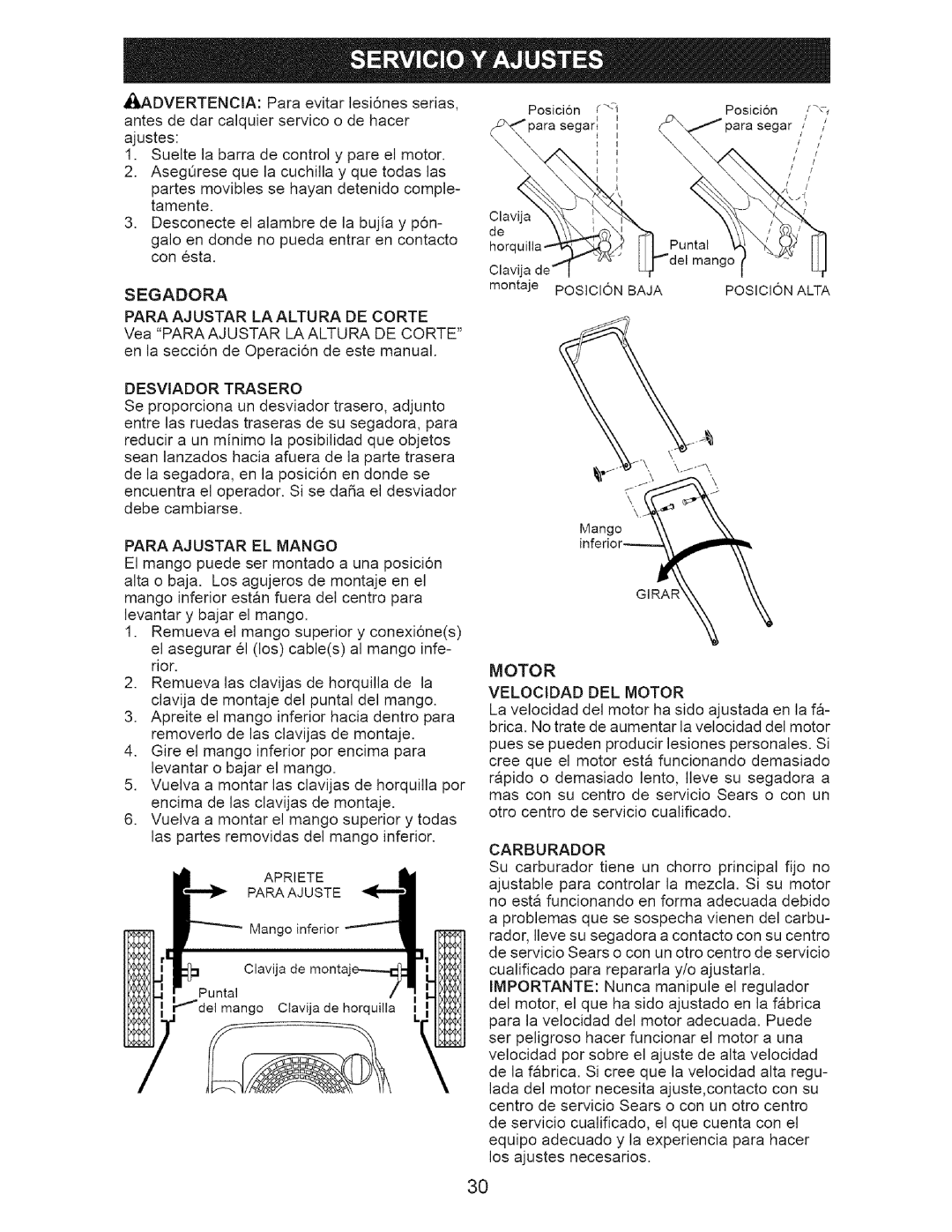 Craftsman 917.3882 owner manual Sueltela barrade controly pareel motor 