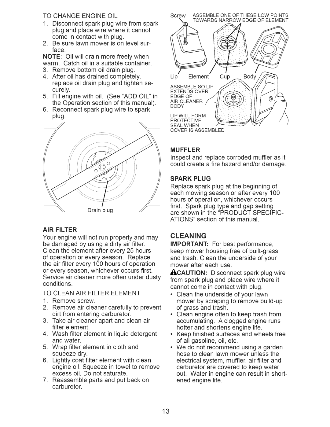 Craftsman 917.388201 owner manual Cleaning, To Change Engine OIL, To Clean AIR Filter Element, Muffler 