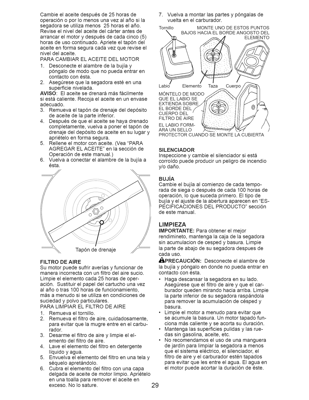 Craftsman 917.388201 owner manual Para Cambiar EL Aceite DEL Motor, Silenciador, Para Limpiar EL Filtro DE Aire 