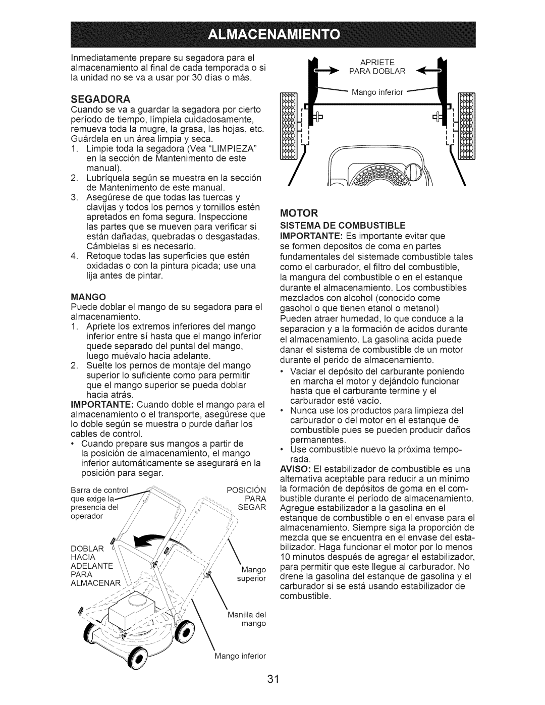 Craftsman 917.388201 owner manual Posicion, Para, Segar, Doblar, Hacia Adelante, Almacenar 