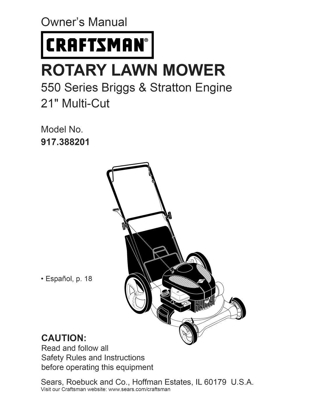 Craftsman owner manual Model No 917.388201, Craftsman, Rotary Lawn Mower, Series Briggs & Stratton Engine 21 Multi-Cut 