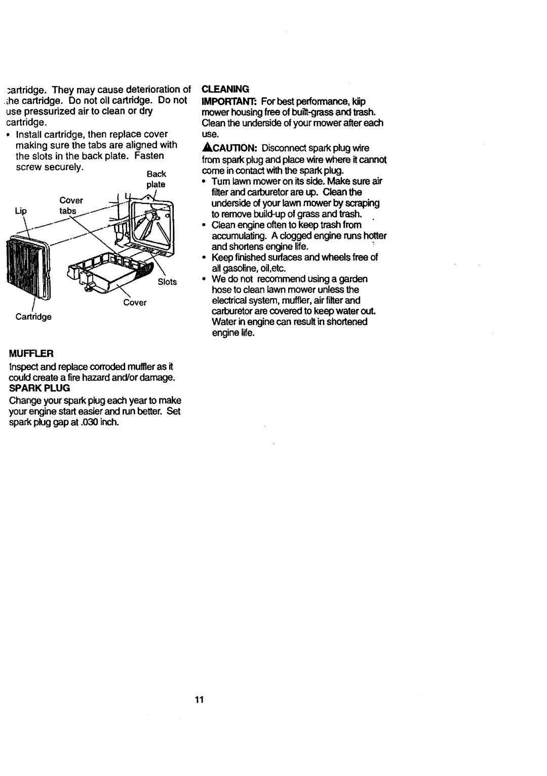 Craftsman 917.38823 owner manual Screw Securely Back Plate Cover Lip Tabs, Muffler, Spark Plug, Cleaning 