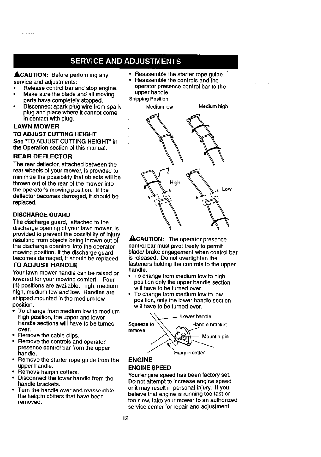 Craftsman 917.38823 owner manual Rear Deflector, Discharge Guard, To Adjust Handle, Remove, Engine Speed 