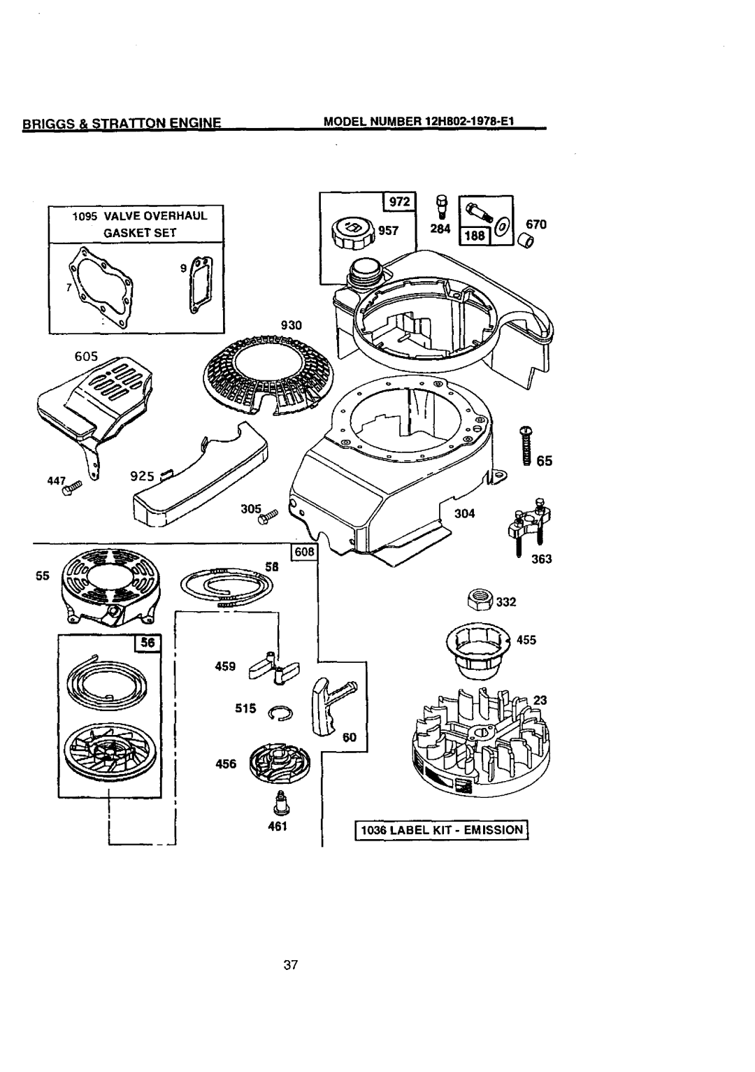 Craftsman 917.38823 Briggs & TRAI-rON Engine Model Number 12H802-1978-E1, Valve Overhaul Gasket SET, 930, 455 461 