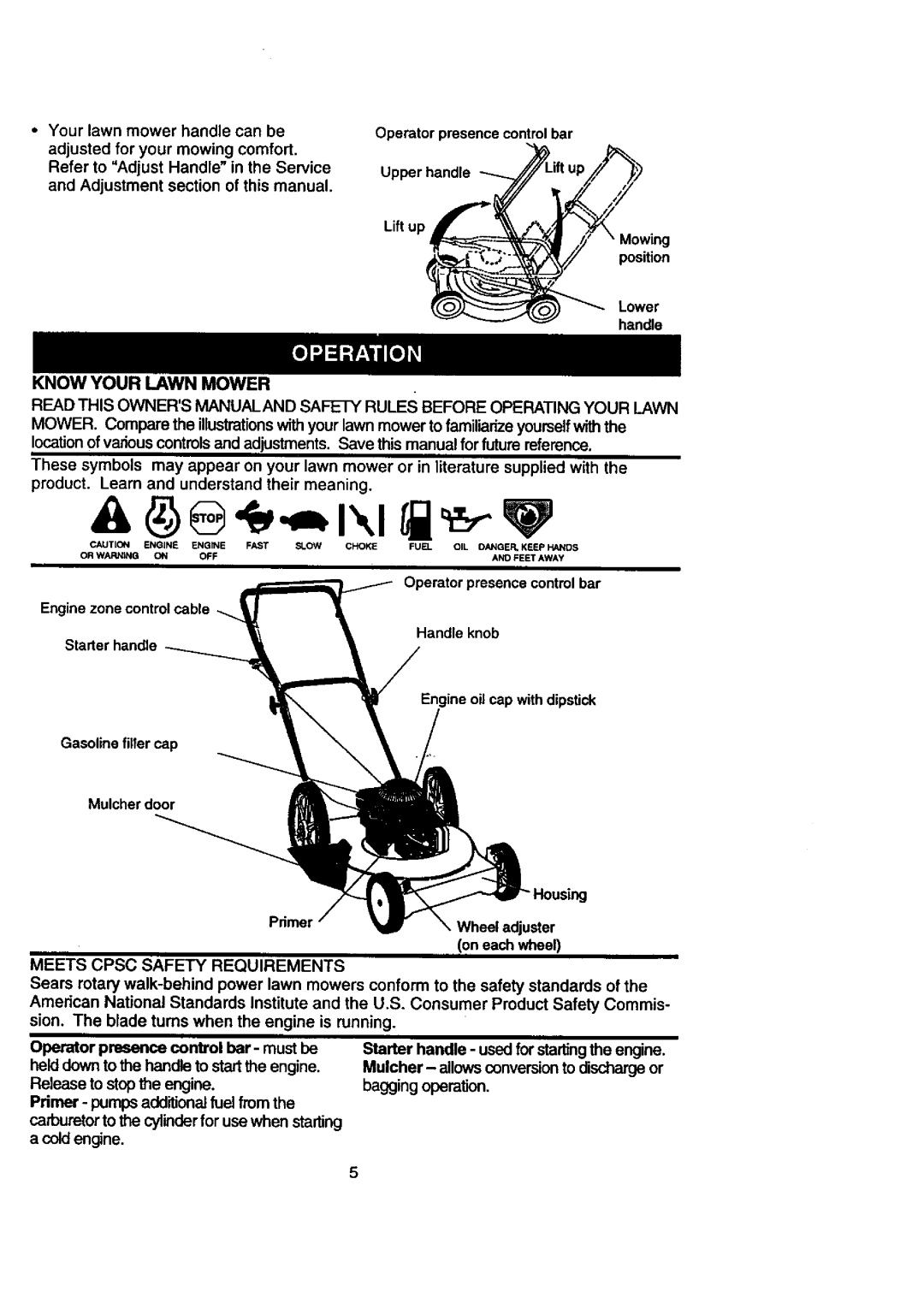 Craftsman 917.38823 owner manual Know Your Lawn Mower, Meets Cpsc Safety Requirements 