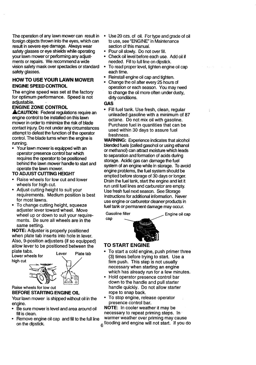 Craftsman 917.38823 HOW to USE Your Lawn Mower, Engine Speed Control, To Adjust Cutfing Height, Before Starting Engine OIL 