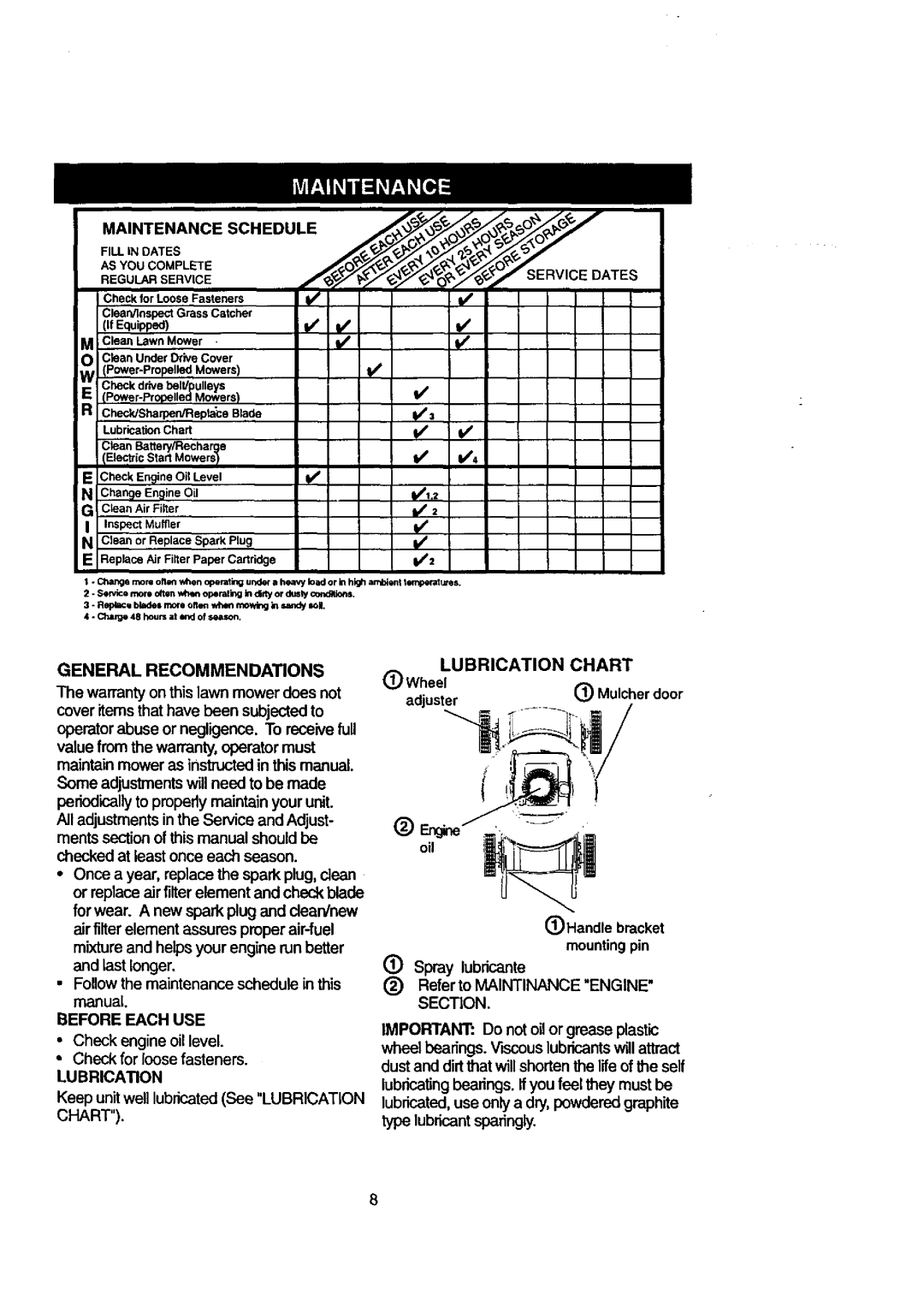 Craftsman 917.38823 owner manual General Recommendations, Before Each USE, Chart Lubrication, Section 