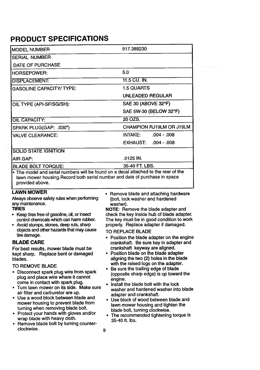 Craftsman 917.38823 owner manual Blade Care, Model Number, Lawn Mower, Tires, To Remove Blade 