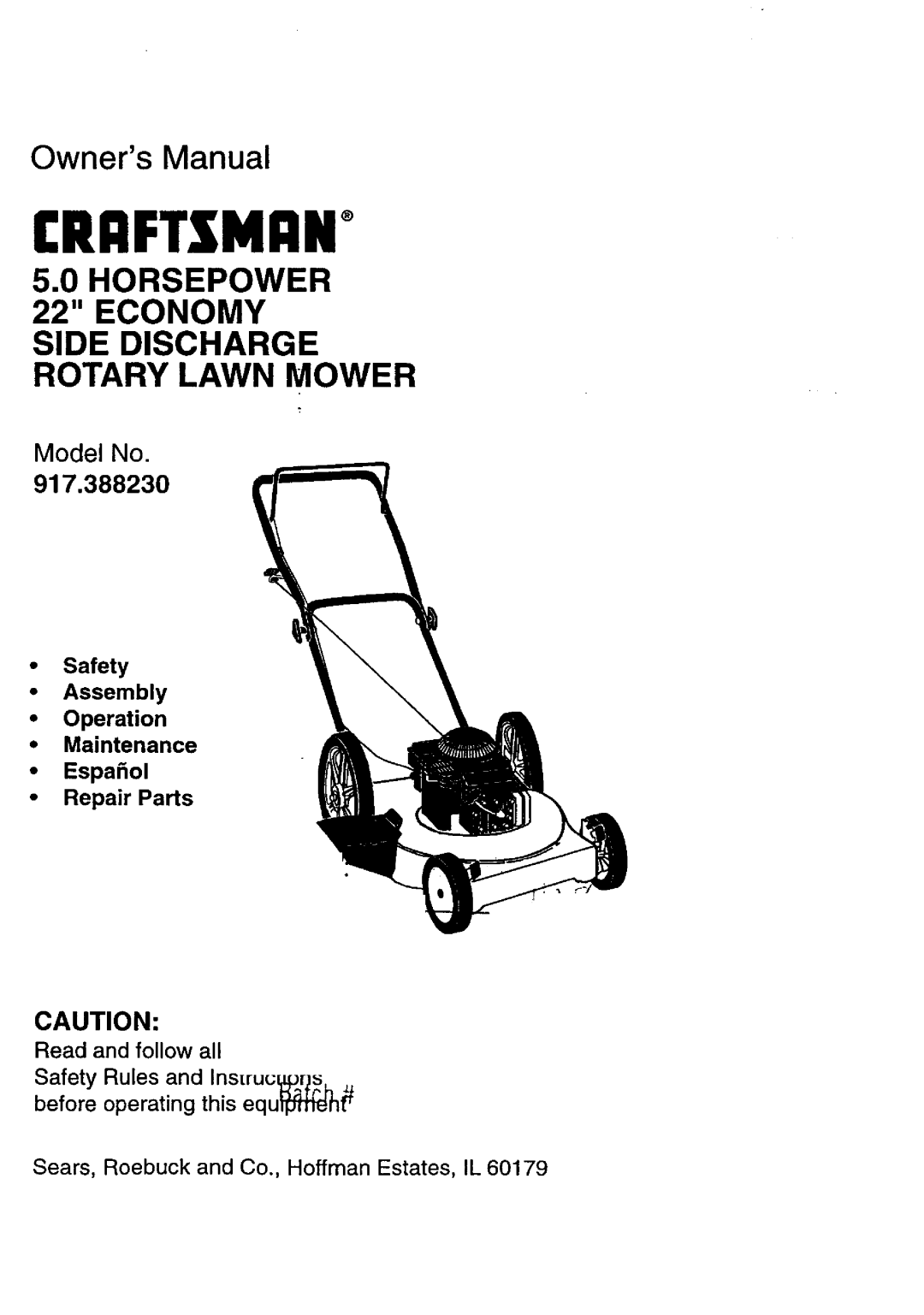 Craftsman 917.38823 owner manual Safety Assembly Operation Maintenance, Espafiol Repair Parts, Craftsman, Model No 