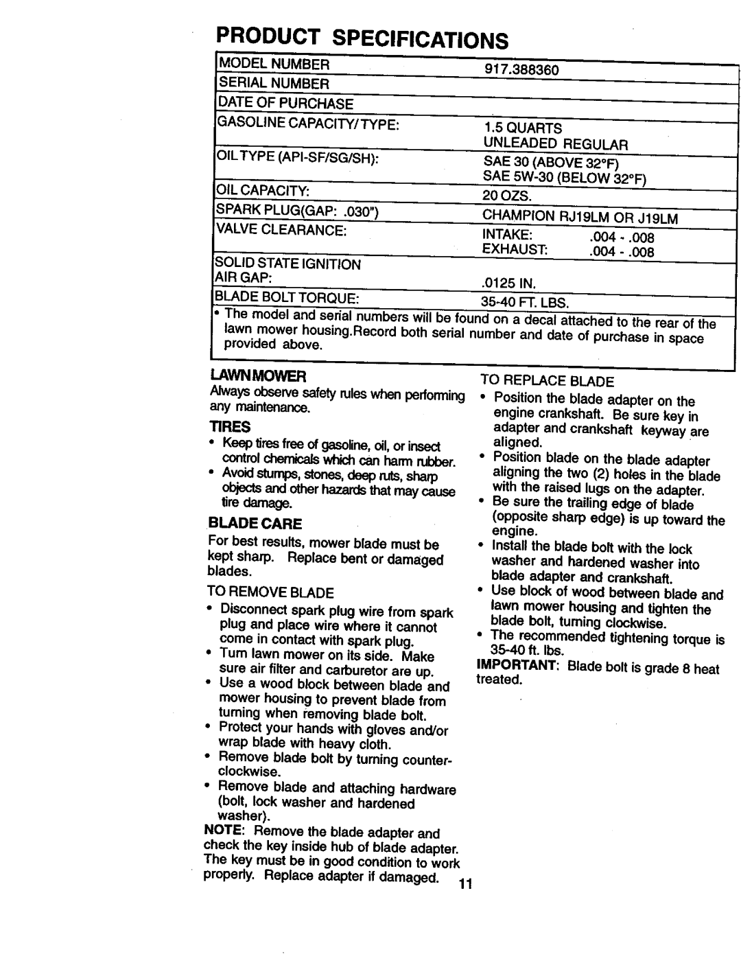 Craftsman 917.38836 owner manual Tires, Blade Care, To Replace Blade 