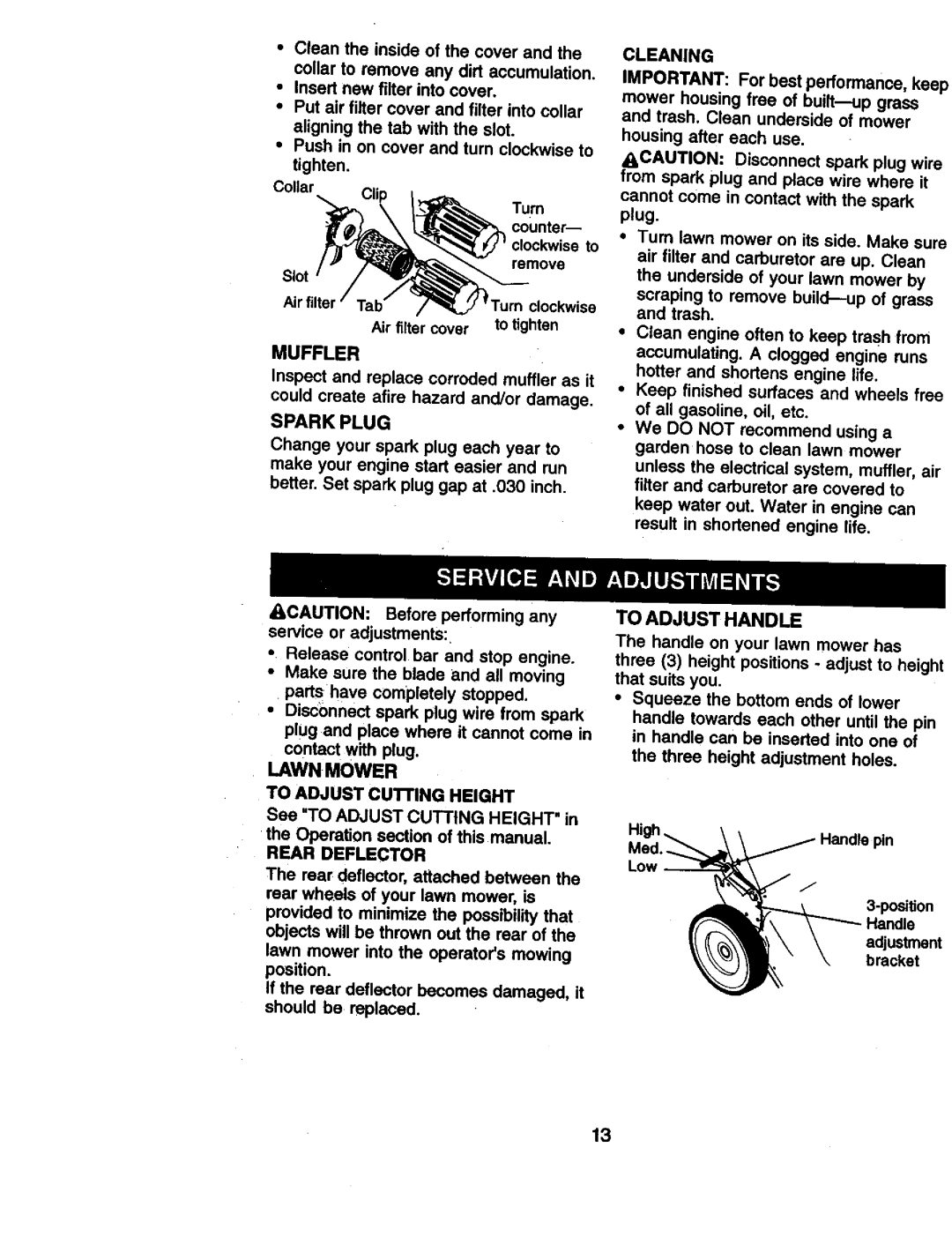 Craftsman 917.38836 owner manual Muffler, Spark Plug, Lawn Mower, Rear Deflector, Cleaning, To Adjust Handle 