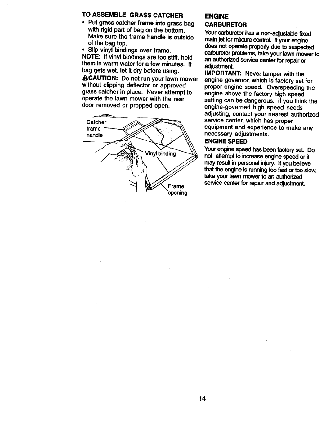 Craftsman 917.38836 owner manual To Assemble Grass Catcher, Carburetor, Engine Speed 