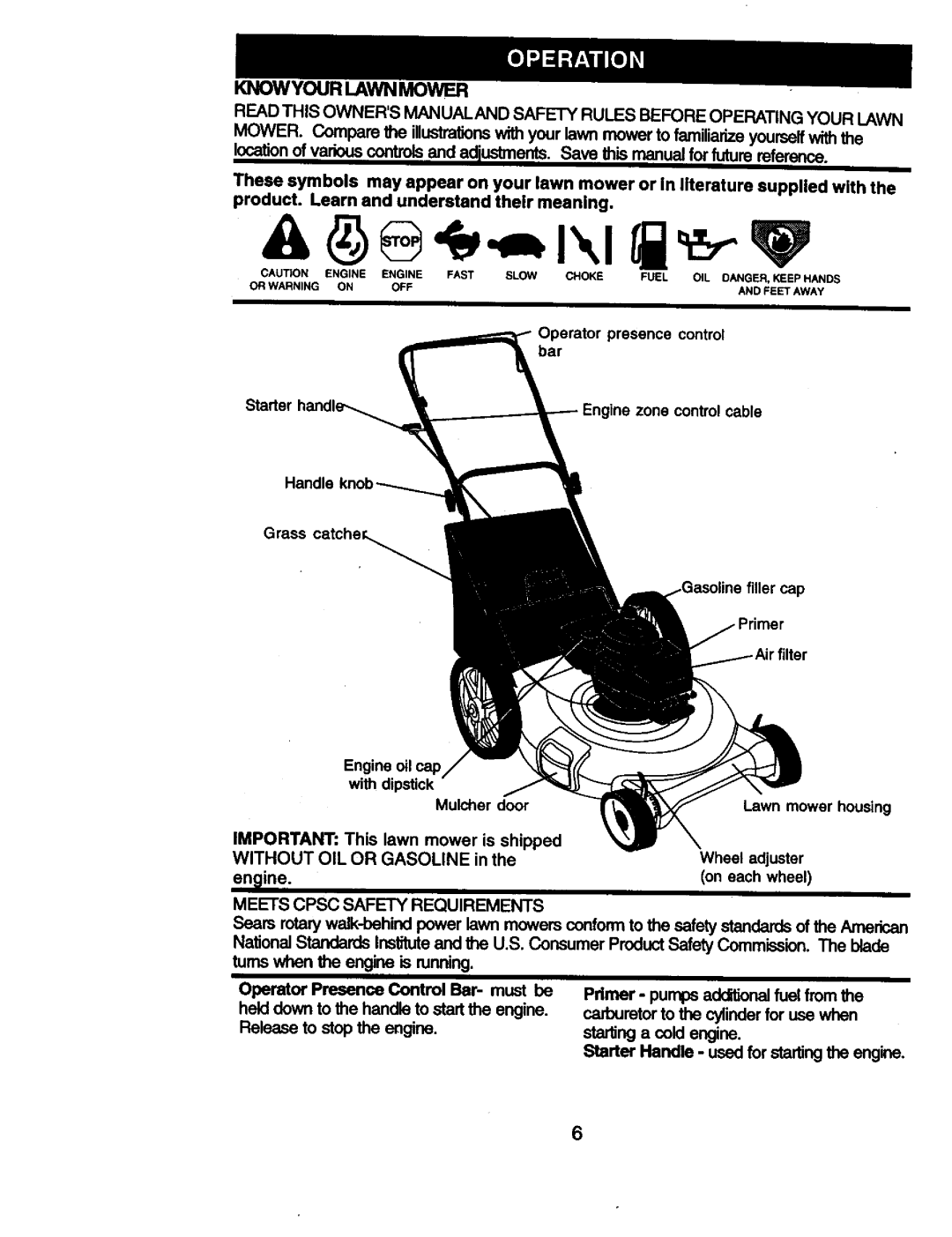 Craftsman 917.38836 owner manual Know Your Lawn Mower, Meets Cpsc Safety Requirements 