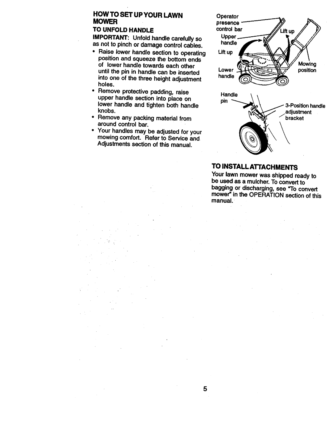 Craftsman 917.38836 owner manual Howto Set Up Your Lawn Mower, To Install Attachments 