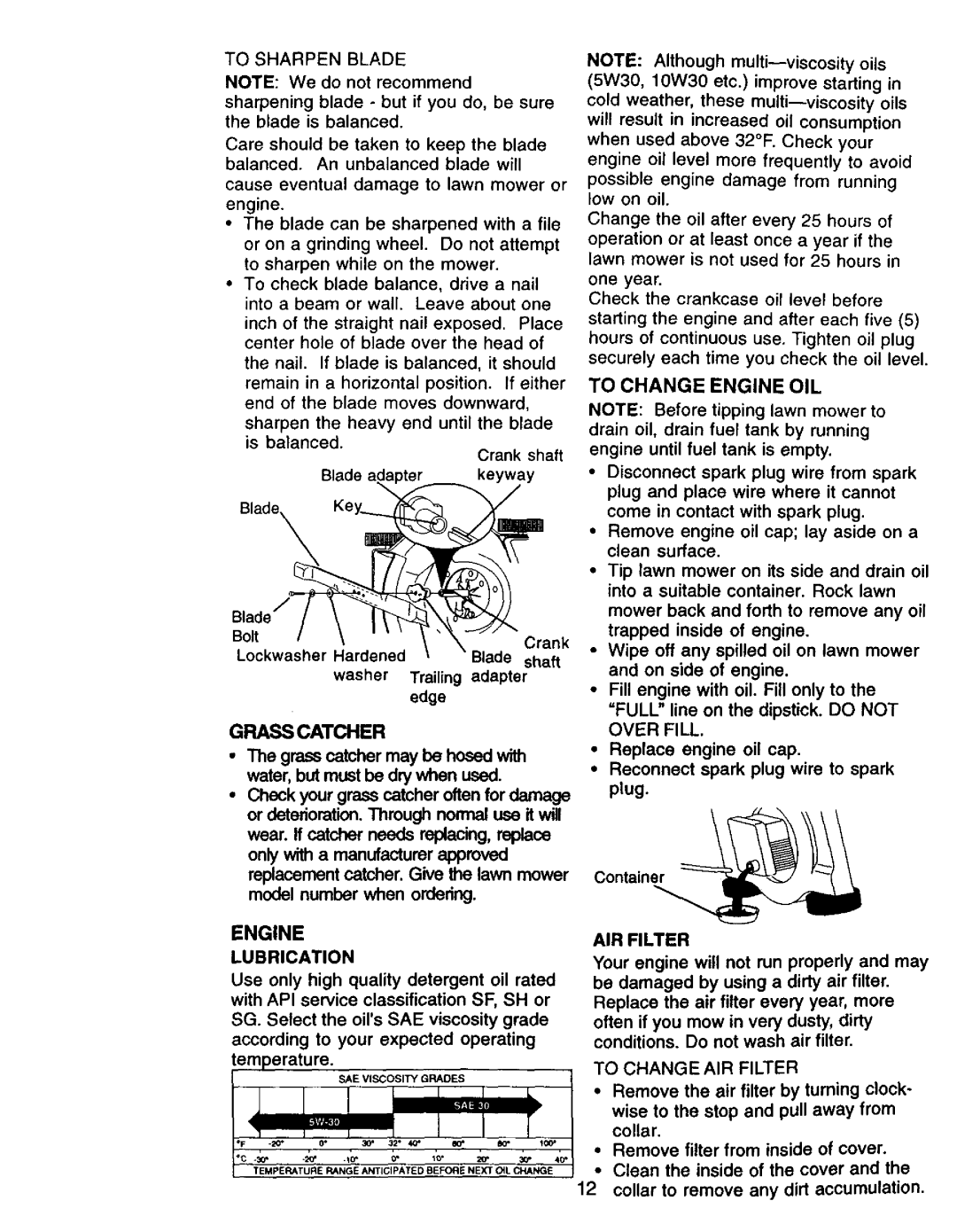 Craftsman 917.38841 owner manual Grass Catcher, To Change Engine OIL, To Sharpen Blade, To Change AIR Filter 