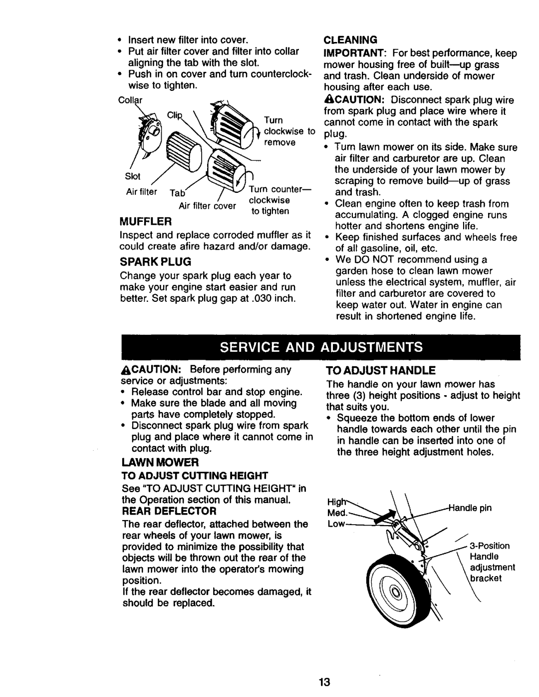 Craftsman 917.38841 owner manual Sparkplug, Muffler, Lawn Mower To Adjust Cutting Height, Rear Deflector, Cleaning 