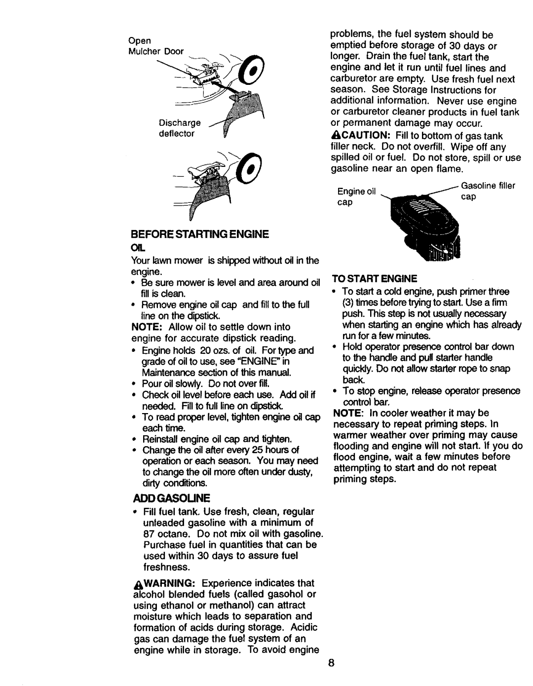 Craftsman 917.38841 owner manual Before Starting Engine OIL, Addgasoune, To Start Engine 