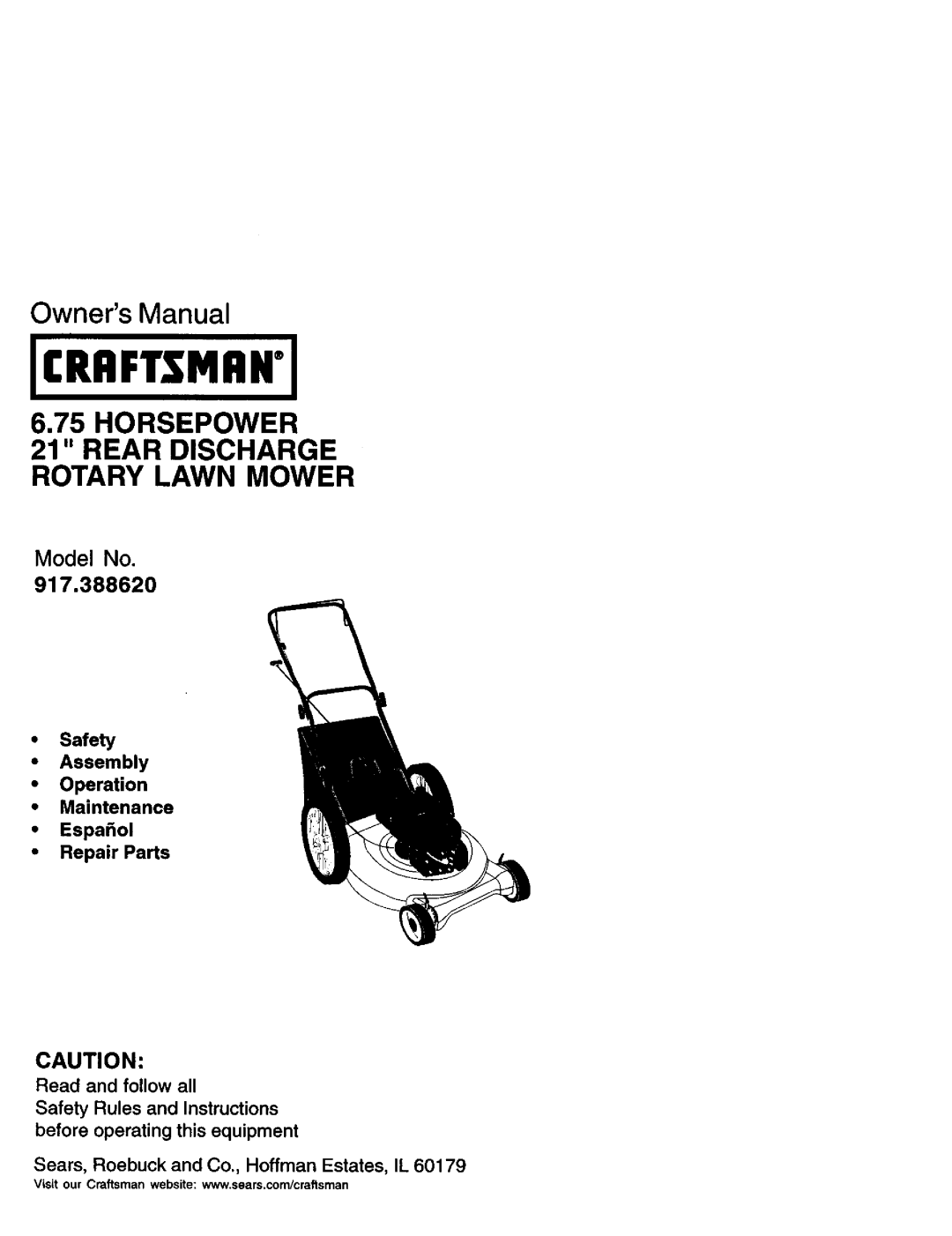 Craftsman 917.38862 owner manual Horsepower 21 Rear Discharge Rotary Lawn Mower 