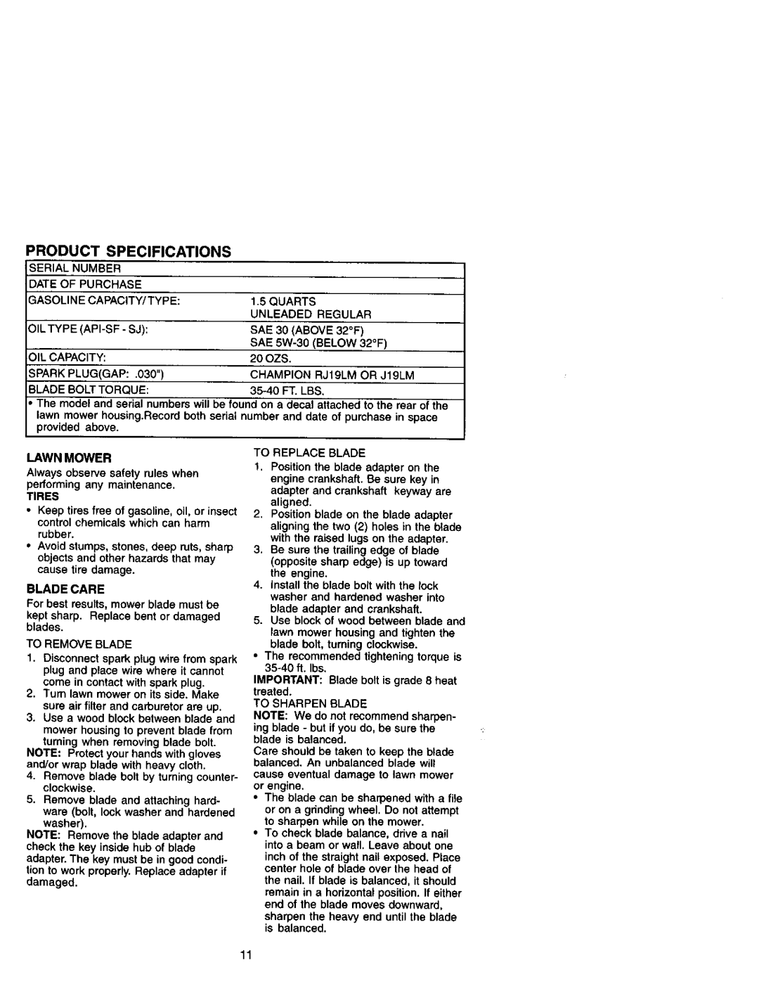 Craftsman 917.38862 Below, OIL Capacity, Spark Pluggap Champion RJ19LM Or J19LM Blade Bolt Torque, Lawn Mower, Tires 