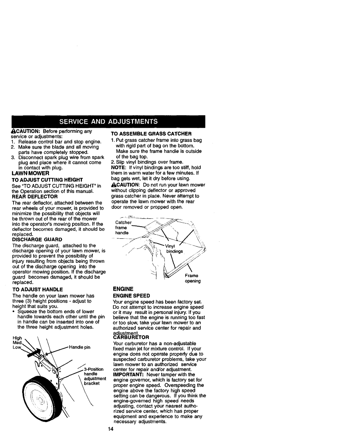 Craftsman 917.38862 Lawn Mower To Adjust Cutting Height, Rear Deflector, Discharge Guard, To Adjust Handle, Carburetor 