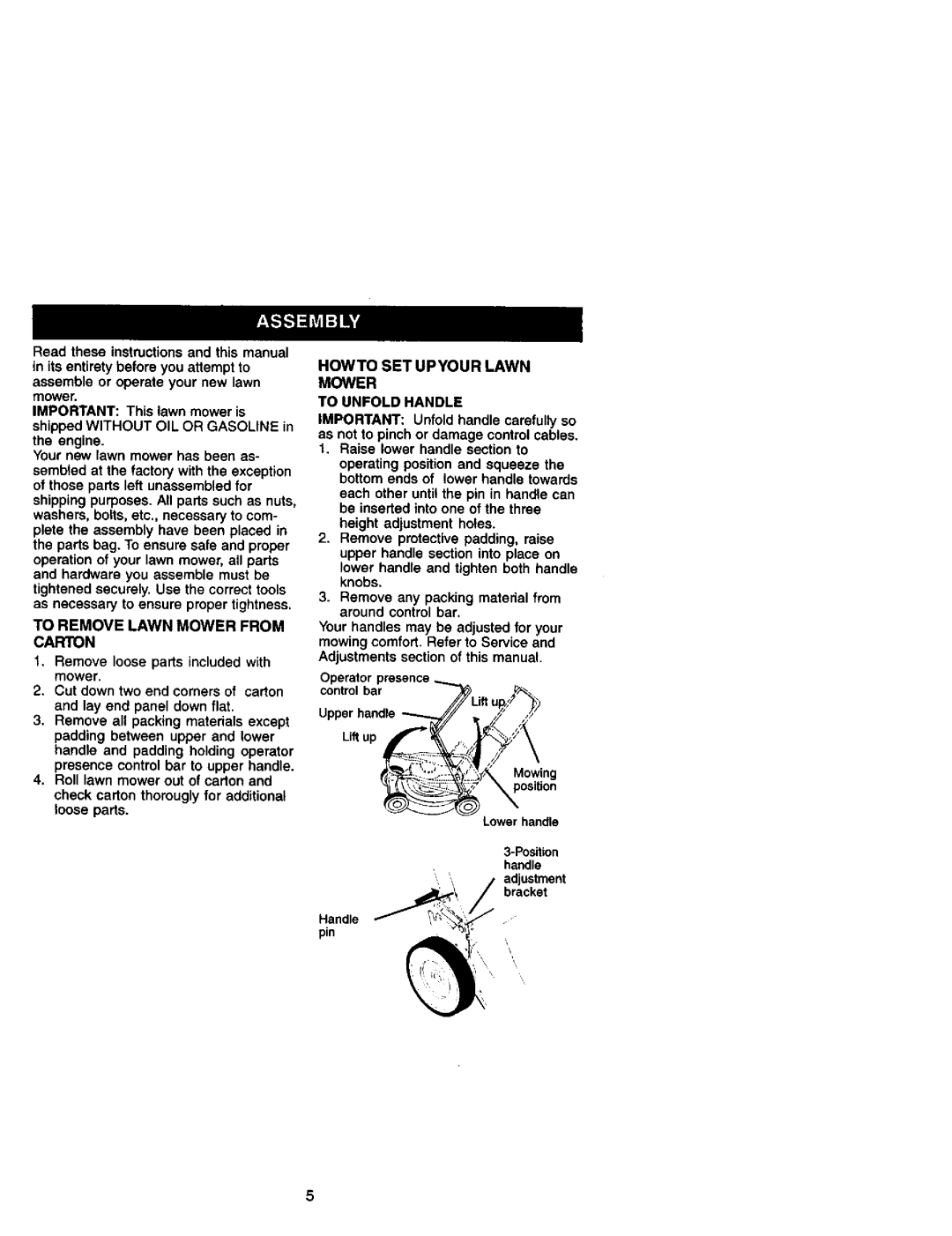 Craftsman 917.38862 owner manual To Remove Lawn Mower from Carton, Howto SET Upyour Lawn Mower To Unfold Handle 